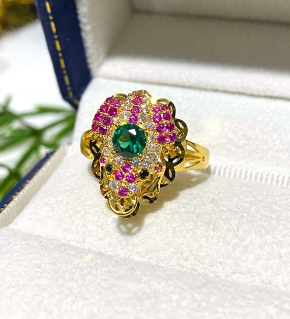 Vintage 15K Gold Frog Ring Emerald, Ruby, Topaz, … - image 4
