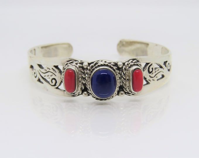 Vintage Sterling Silver Lapis & Salmon Coral Cuff Bracelet