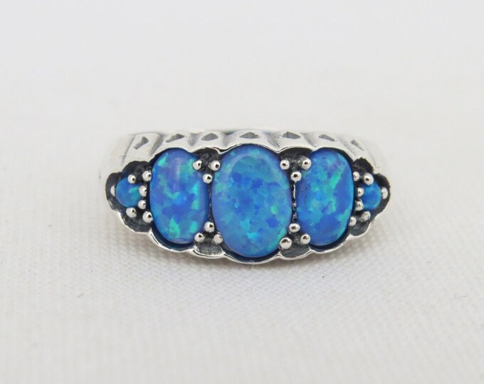 Vintage Sterling Silver Blue Opal Dome Ring Size 7
