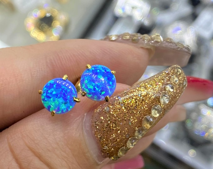 18K Solid Yellow Gold 2.56ct Round cut Blue Opal Vintage Stud Earrings