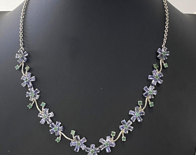 Vintage Sterling Silver Natural Tanzanite & Emerald Flowers Chain Necklace 18''