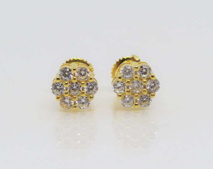 Vintage Sterling Silver 14k Yellow Gold Plate White Topaz Flower Earrings