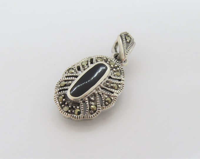 Vintage Sterling Silver Black Onyx & Marcasite Pendant