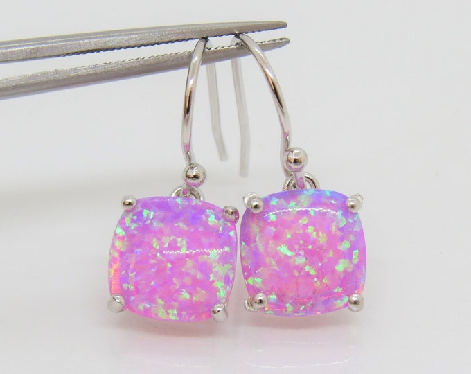 Vintage Sterling Silver Square cut Pink Opal Dangle Earrings