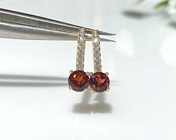 Vintage 14K Solid Yellow Gold Genuine Garnet & White Topaz Halo Hook Earrings.