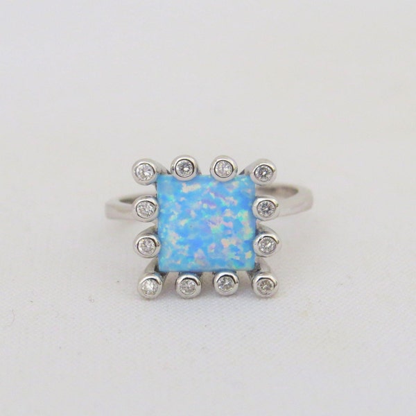 Vintage Sterling Silver Princess cut Blue Opal & White Topaz Ring.