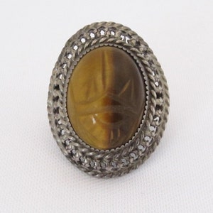Antique Art Nouveau Sterling Silver Tiger's Eye Filigree Ring Size 5.5