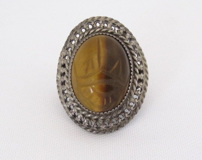 Antique Art Nouveau Sterling Silver Tiger's Eye Filigree Ring Size 5.5