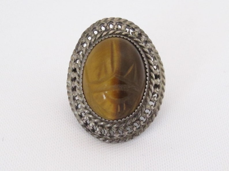 Antique Art Nouveau Sterling Silver Tiger/'s Eye Filigree Ring Size 5.5