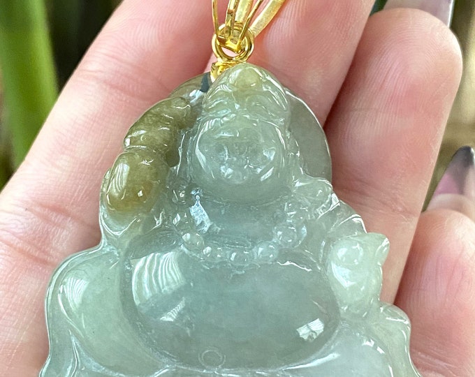 Vintage 18K Solid Yellow Gold Green, Brown Jadeite Jade Laughing Buddha Happy Buddha Pendant