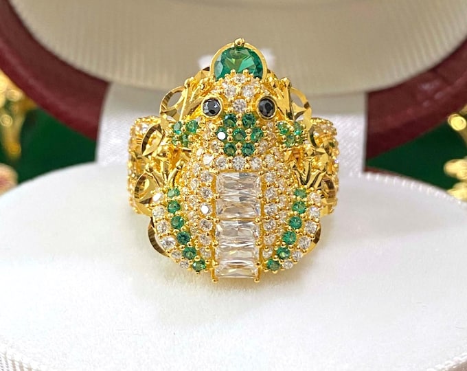 Vintage 15K 610 Solid Yellow Gold Emerald & White Topaz Black Sapphire Eye's Frog Ring Size 6.5