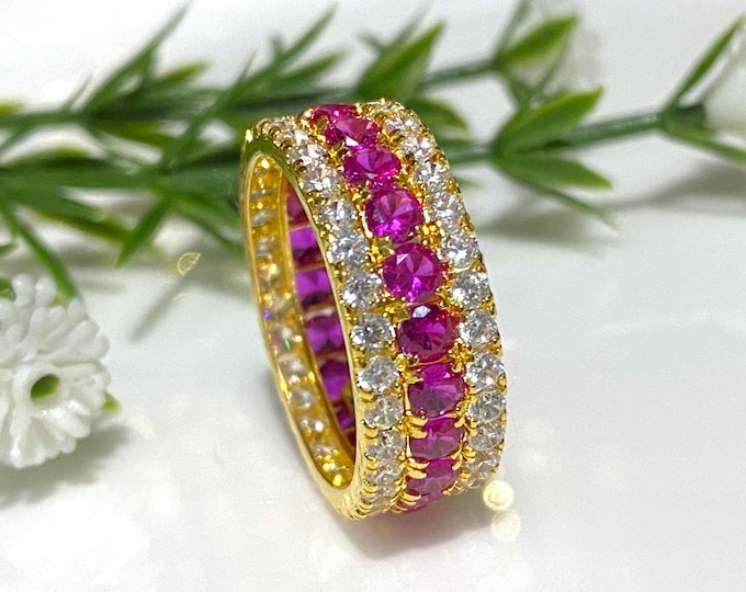 Vintage 15K 610 Solid Yellow Gold Ruby & White Topaz Band Ring Size 8