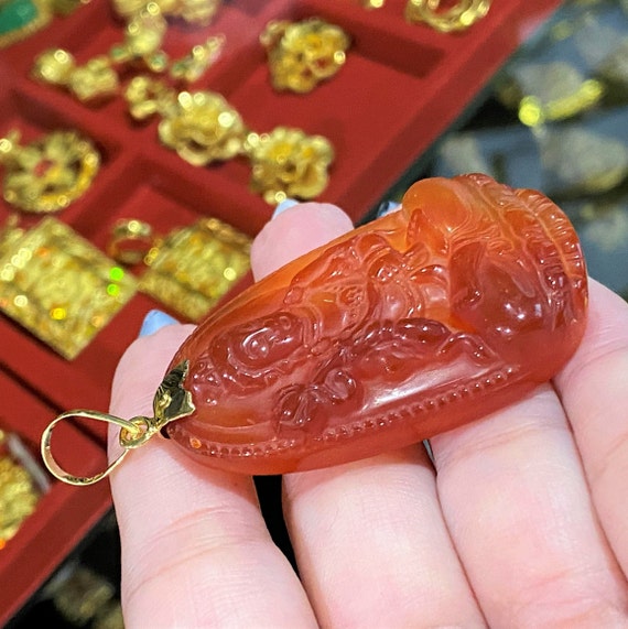 Vintage 18K Solid Gold Red Carnelian Buddha Penda… - image 2