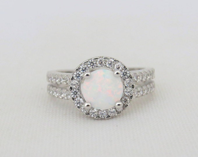 Vintage Sterling Silver White Opal & White Topaz Halo Engagement Ring Size 7