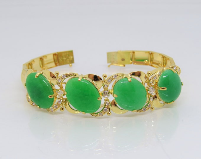 Vintage 18K Solid Gold Translucent Apple Green Jadeite Jade White Topaz Bracelet 7 2/8''