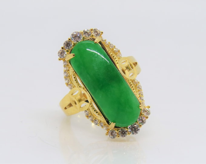 Vintage 18K Solid Yellow Gold Green Jadeite Jade & White Topaz Saddle Ring Size 7.5