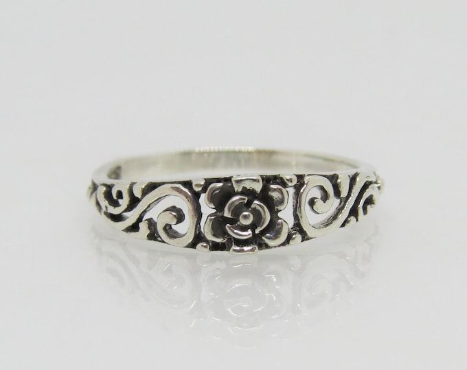 Vintage Sterling Silver Rose Flower Filigree Ring Size 8