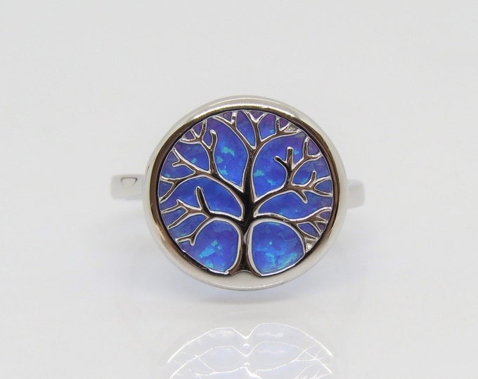 Vintage Sterling Silver Blue Opal Tree of Life Dome Ring Size 8