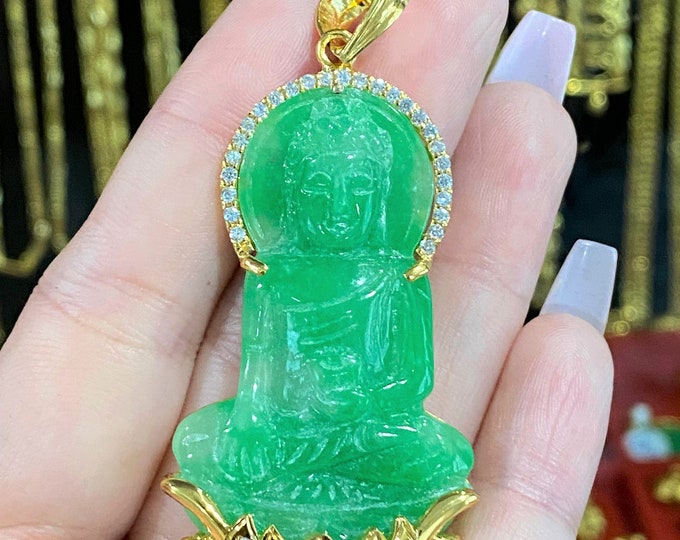 Vintage 18K Solid Gold Green Jadeite Jade & White Topaz Buddha Pendant Mat Phat Bon Su Thich Ca.