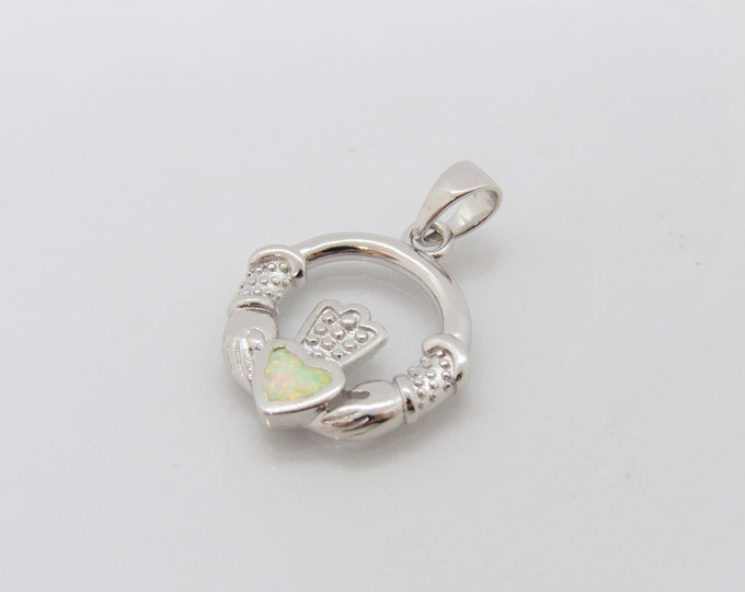 Vintage Claddagh Sterling Silver White Opal Pendant