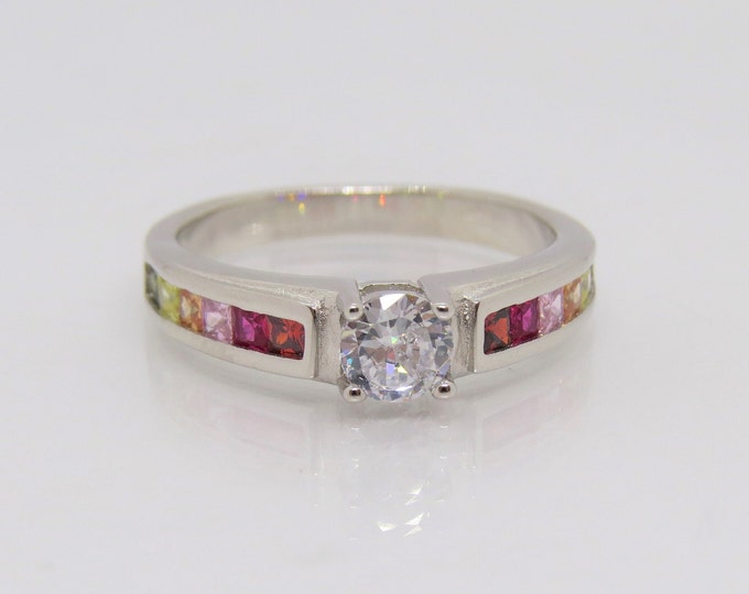 Sterling Silver White Topaz & Multi Color Gemstones Engagement Ring Size 8