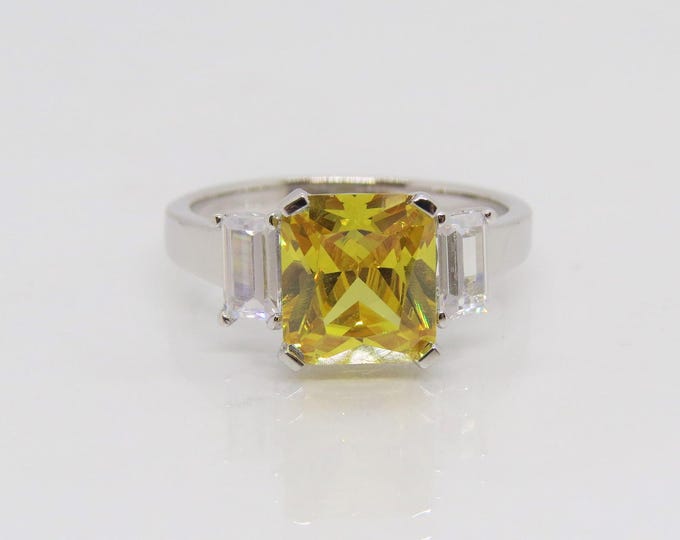 Vintage Sterling Silver Cushion cut Citrine & White Topaz Engagement Ring Size 8