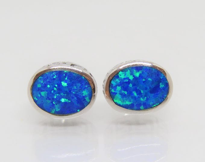 Vintage Sterling Silver Oval Blue Opal Earrings