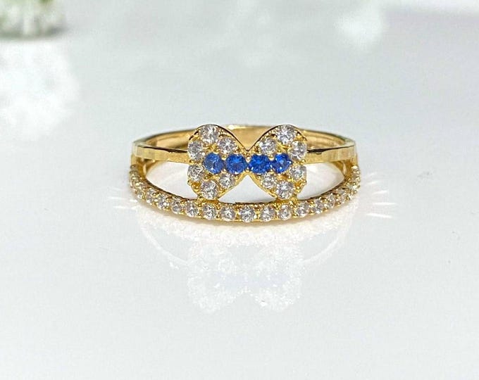 Vintage 18K Solid Yellow Gold Blue Sapphire & White Topaz Bow Ring Size 5.25