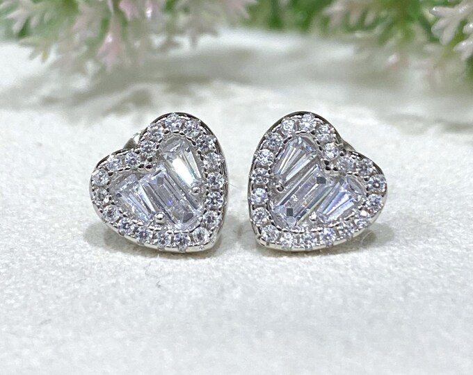 Vintage Sterling Silver Baguette White Topaz Heart Earrings.