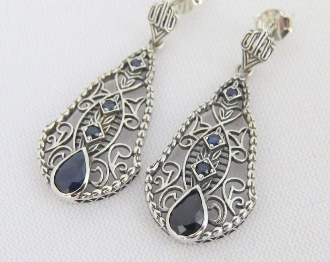 Vintage Sterling Silver Natural Blue Sapphire Filigree Earrings
