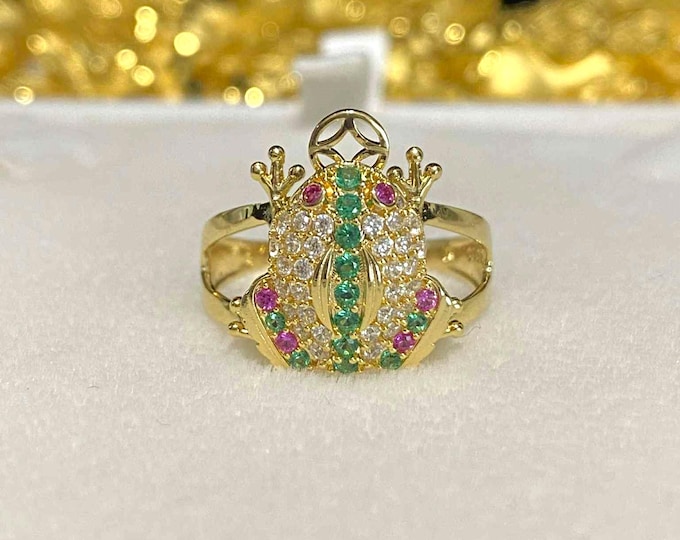 Vintage 15K 610 Solid Yellow Gold Emerald, Ruby, White Topaz Frog Ring Size 7