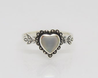 Bague coeur vintage en argent sterling nacre taille 10