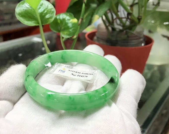 Vintage Translucent Natural Green , White Jadeite Jade Bangle Bracelet 53.8MM