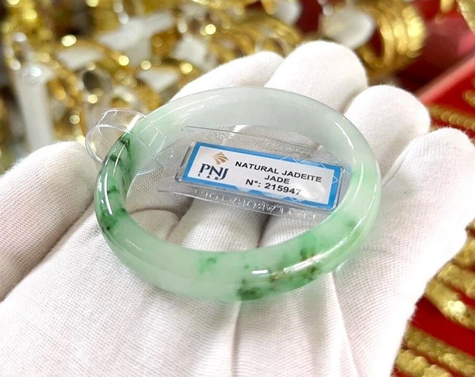 Vintage Translucent Natural Green, White & Black Jadeite Jade Bangle Bracelet 49.6MM
