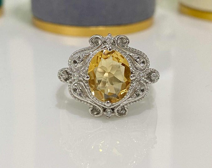 Vintage Sterling Silver Natural Citrine & White Topaz Ring Size 8