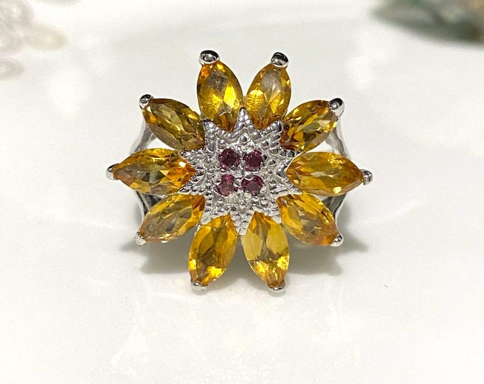 Vintage Sterling Silver Natural Citrine & Rhodolite Flower Ring Size 8.5