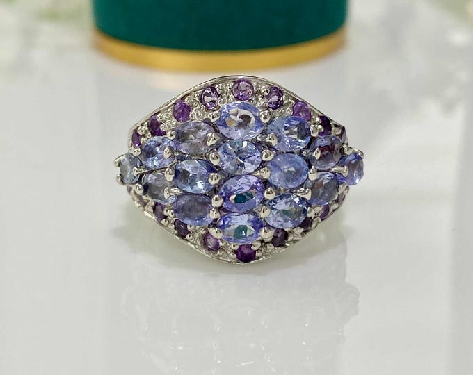 Vintage Sterling Silver Natural Tanzanite & Amethyst Ring Size 7