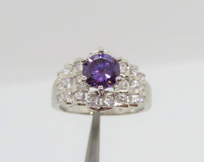 Vintage Sterling Silver Amethyst & White Topaz Cocktail Ring Size 8