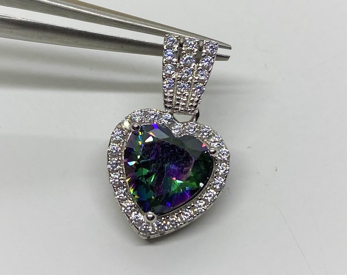Vintage Sterling Silver Heart cut Rainbow Topaz & White Topaz Pendant.