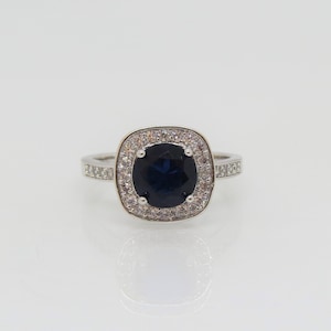 Vintage Sterling Silver Blue Sapphire & White Topaz Halo Ring Size 5