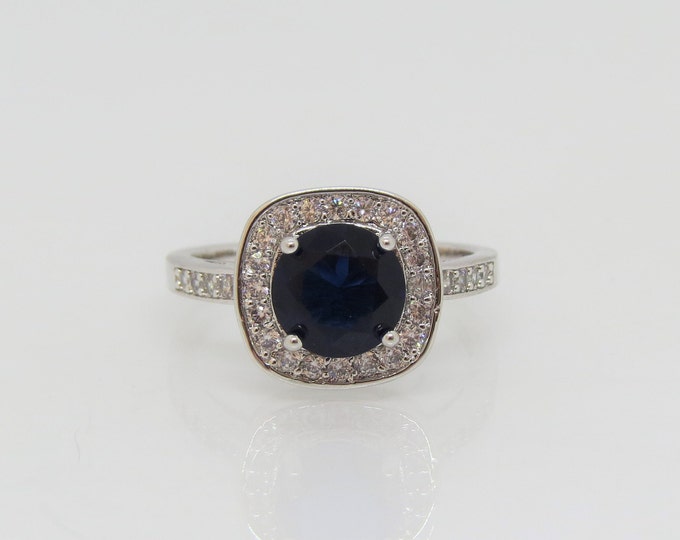 Vintage Sterling Silver Blue Sapphire & White Topaz Halo Ring Size 5