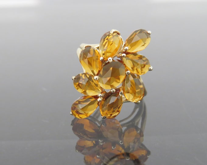 Vintage 10K Solid Yellow Gold 7.69ct Natural Citrine Cluster Ring Size 7