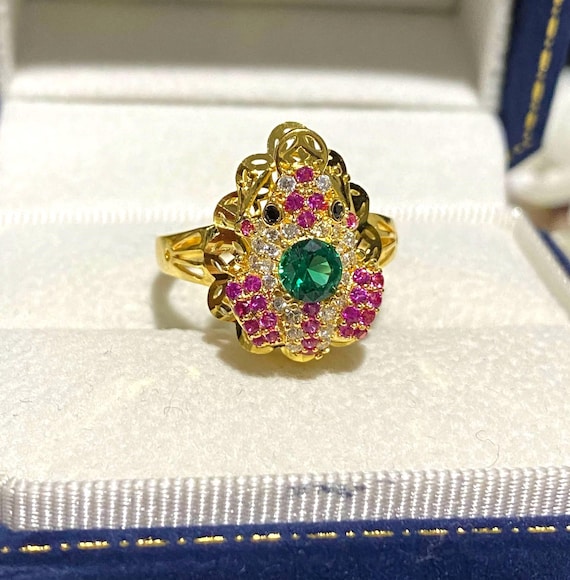 Vintage 15K Gold Frog Ring Emerald, Ruby, Topaz, … - image 6