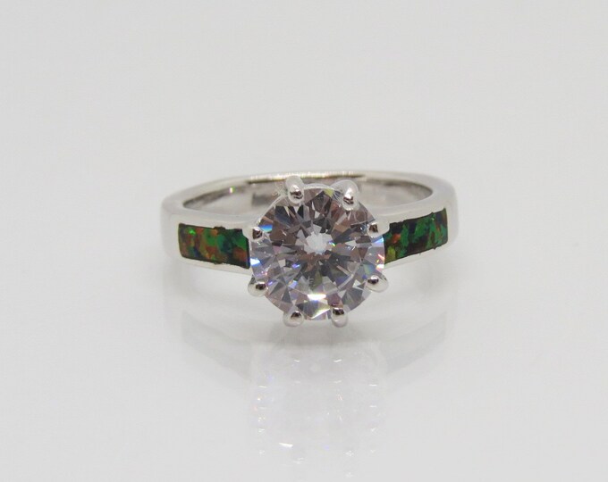 Vintage Sterling Silver White Topaz & Black Opal Solitaire Ring Size 7