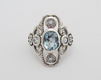 Vintage Sterling Silver Aquamarine Filigree Ring Size 8