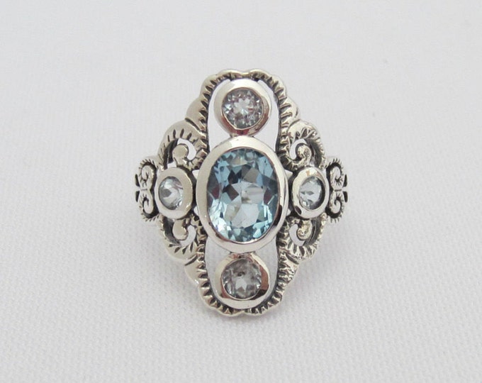 Vintage Sterling Silver Aquamarine Filigree Ring Size 8