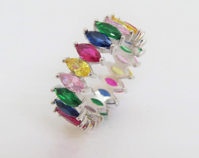 Vintage Sterling Silver Marquis Multi Color Gemstone Eternity Band Ring Size 7