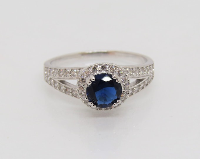 Vintage Sterling Silver Blue Sapphire & White Topaz Halo Ring Size 6,9