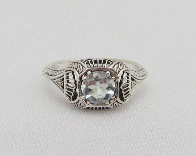 Vintage Sterling Silver Natural Aquamarine Filigree Ring Size 7