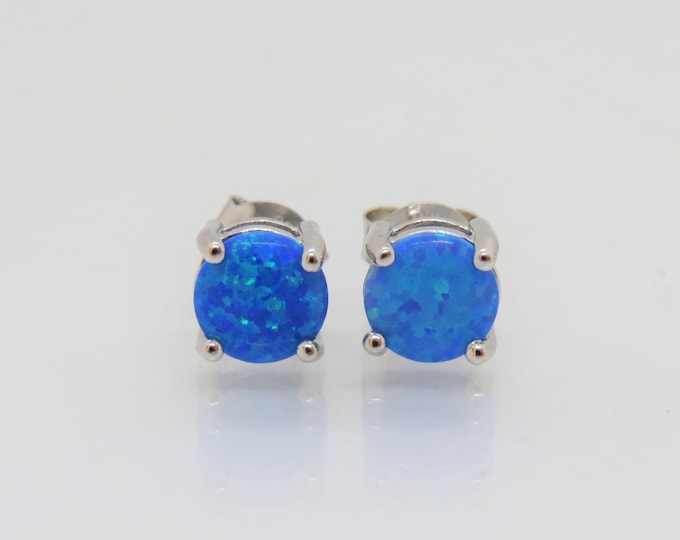 Sterling Silver Round Blue Opal Stud Earrings